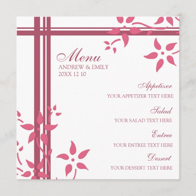 Wedding Menu Honeysuckle Pink Flowers (Front)