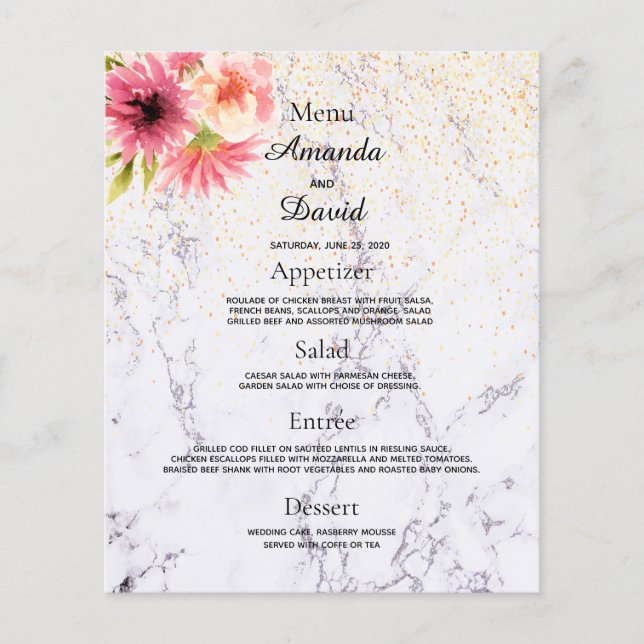 Wedding Menu Marble Pink Florals (Front)