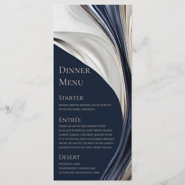 Wedding Menu-Modern Abstract Blue White Gold- Menu (Front)