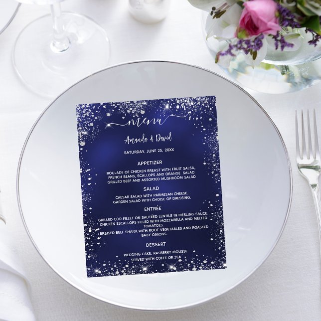 Wedding Menu navy blue white glitter budget (Creator Uploaded)