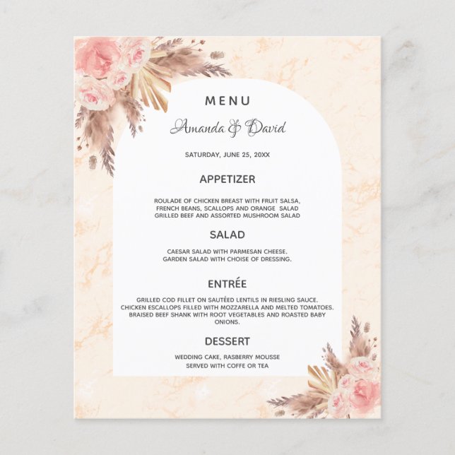Wedding Menu pampas grass rose gold floral marble (Front)
