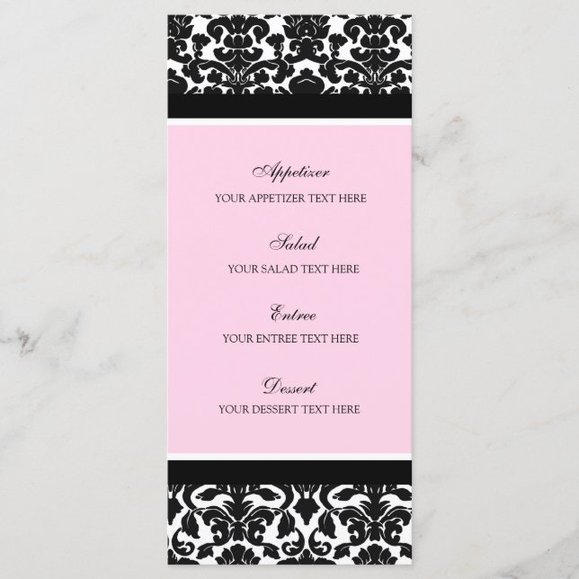 Wedding Menu Pink Black Damask (Front)