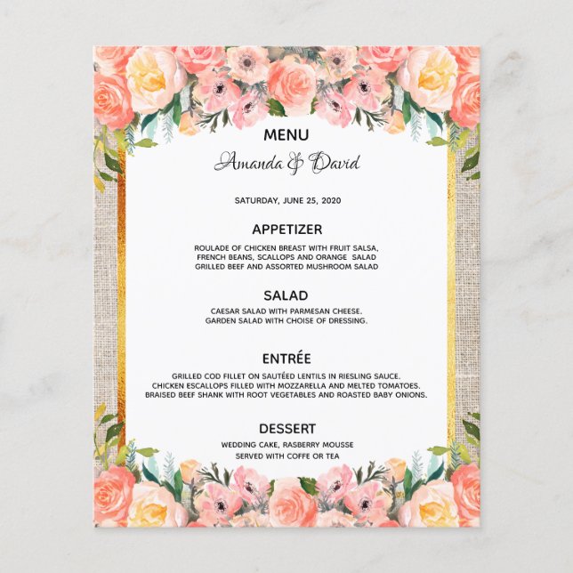Wedding Menu pink florals burlap Rustic (Front)