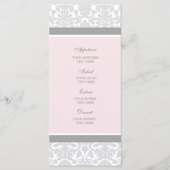 Wedding Menu Pink Grey Damask (Front)