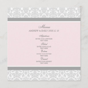 Wedding Menu Pink Grey Floral Damask