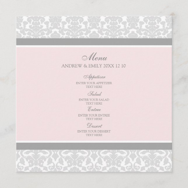 Wedding Menu Pink Grey Floral Damask (Front)