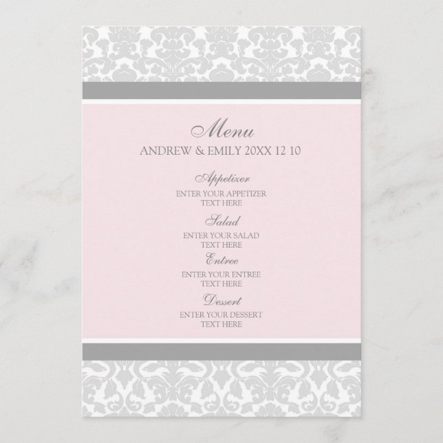 Wedding Menu Pink Grey Floral Damask (Front)