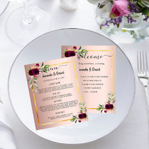 Wedding Menu Program florals burgundy rose gold