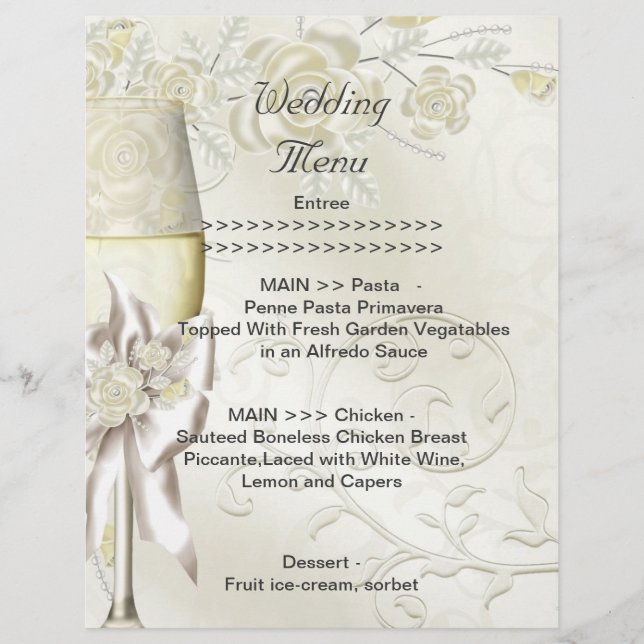 Wedding Menu Program Gold Cream Pearl Floral Roses (Front)