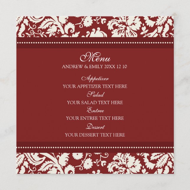 Wedding Menu Red Floral Damask (Front)