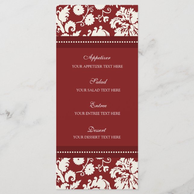 Wedding Menu Red Floral Damask (Front)