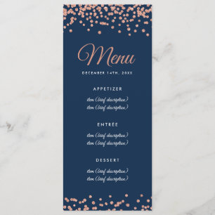 Wedding Menu Rose Gold Faux Glitter Confetti Navy