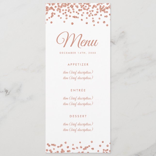 Wedding Menu Rose Gold Faux Glitter Confetti White (Front)
