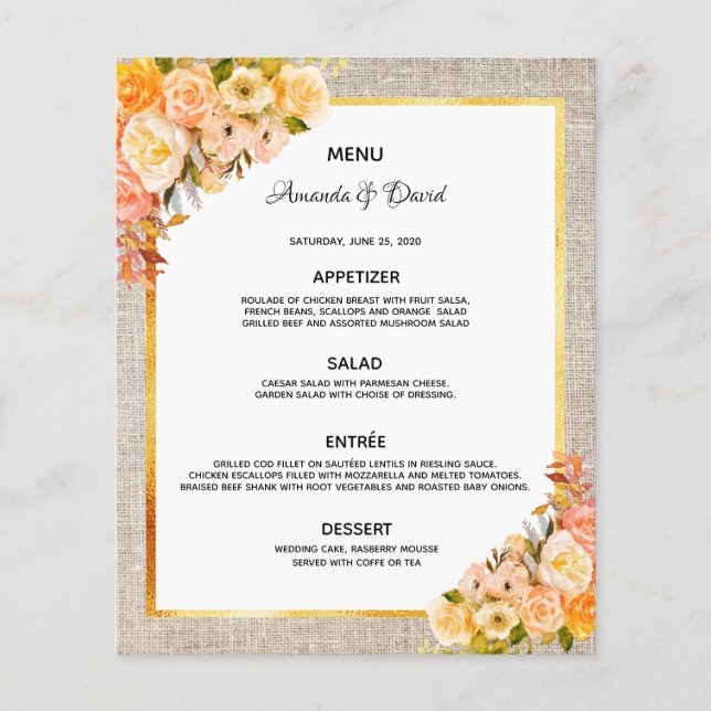 Wedding Menu rustic burlap gold florals (Front)