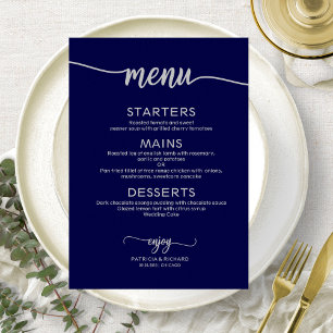 Wedding Menu Sign Calligraphy Navy Blue Silver Invitation