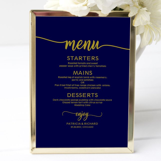 Wedding Menu SignChic Gold Navy Blue Calligraphy Poster (Creator Uploaded)