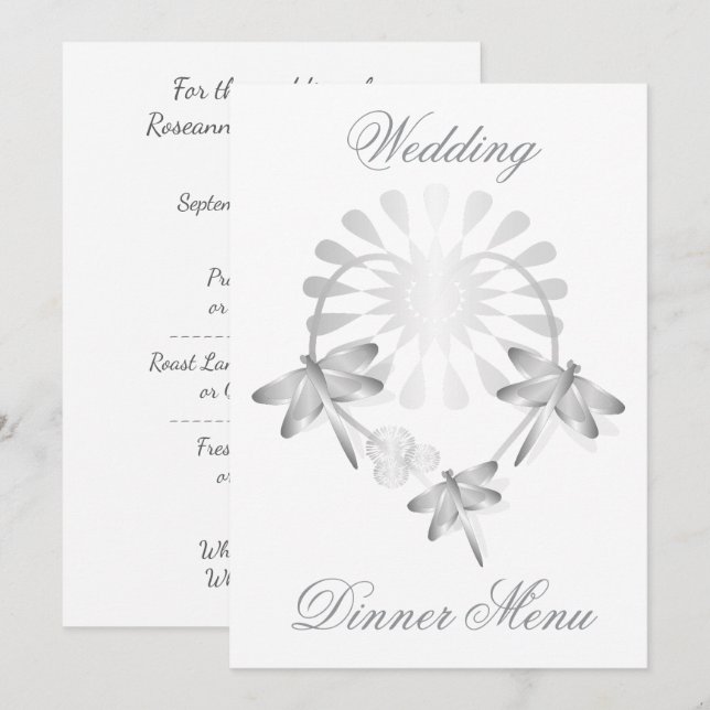 Wedding Menu Silver Dragonflies Heart (Front/Back)