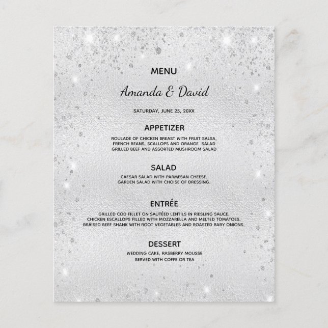 Wedding Menu silver glitter dust photo love story (Front)
