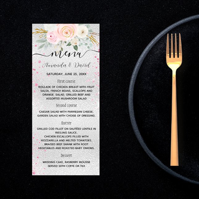 Wedding Menu silver pink florals (Creator Uploaded)