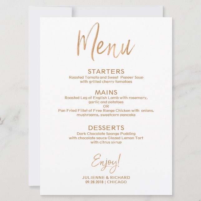 Wedding Menu | Stylish Gold Rose Lettered Invitation (Front)