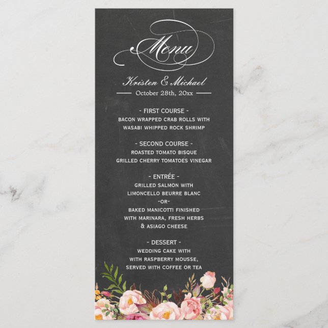 Wedding Menu Template Vintage Floral Chalkboard (Front)