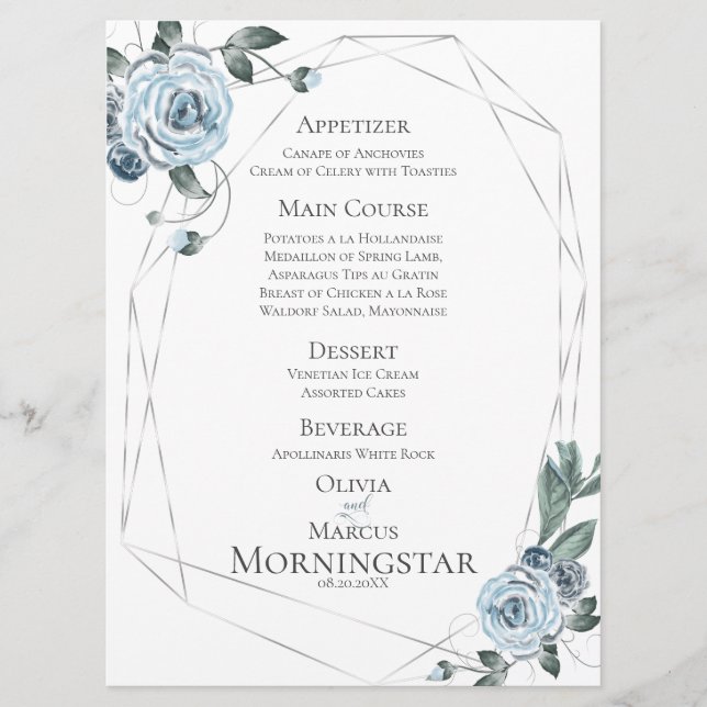 Wedding Menu | Watercolor Dusty Blue Floral (Front)