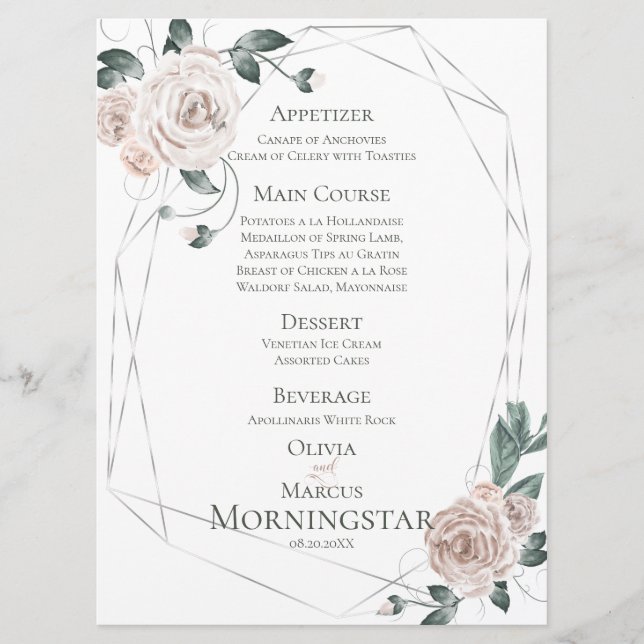 Wedding Menu | Watercolor Pale Blush Pink Floral (Front)
