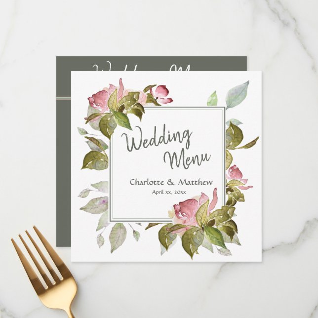 Wedding Menu Watercolor Roses (Front/Back In Situ)