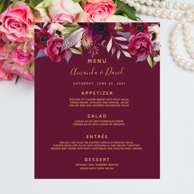 Wedding Menu watercolored florals burgundy (Creator Uploaded)