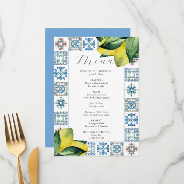 Wedding Menus Italian Amalfi Tile Theme (Front/Back In Situ)