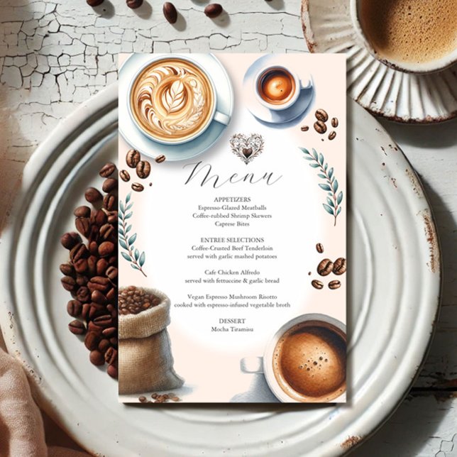Wedding Menus Love is Brewing Budget Flyer (Love is brewing coffee menu features coffee beans latte espresso illustrations.)