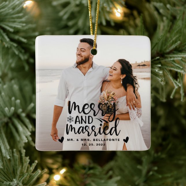 Wedding Merry and Married Christmas Photo Ceramic  Ornament (Tree)