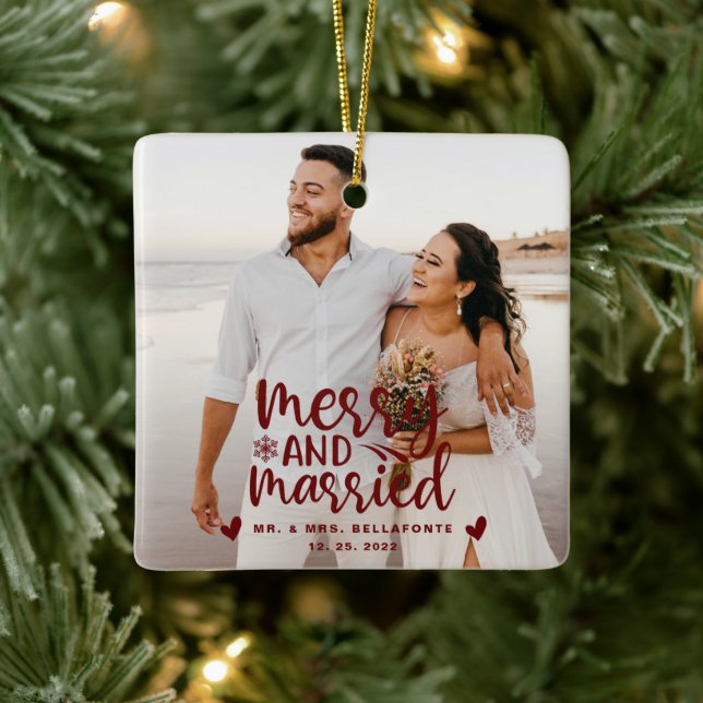 Wedding Merry and Married Christmas Photo Ceramic  Ornament (Tree)