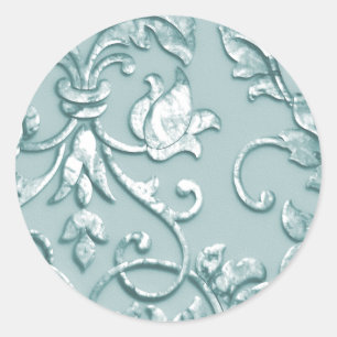 Wedding Metallic Embossed Look Damask Aqua Green Classic Round Sticker