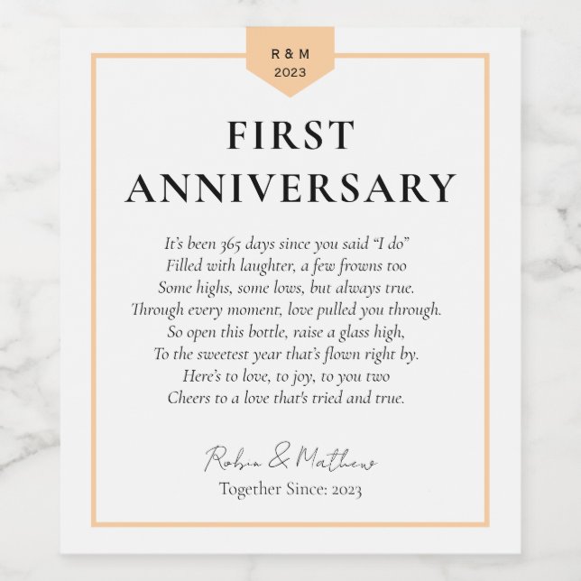 Wedding Milestone FIRST ANNIVERSARY Wine Label (Single Label)