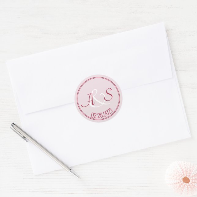 Wedding Minimal Classic Initials Date Burgundy  Round Sticker (Envelope)