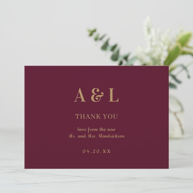 Wedding Minimalist Monogram Burgundy Gold Thank You Card (Standing Front)