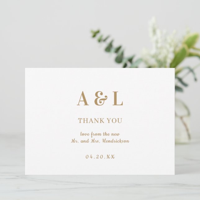 Wedding Minimalist Monogram White Gold Thank You Card (Standing Front)