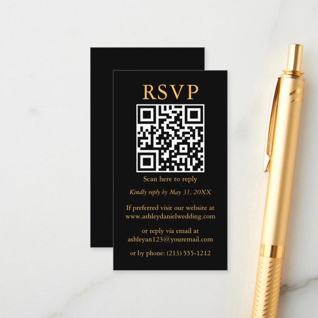 Wedding Minimalist Simple QR Black RSVP Gold Enclosure Card (Front/Back In Situ)