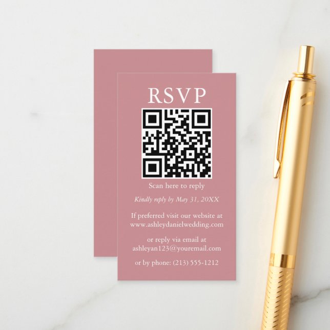 Wedding Minimalist Simple QR RSVP Dusty Rose Enclosure Card (Front/Back In Situ)