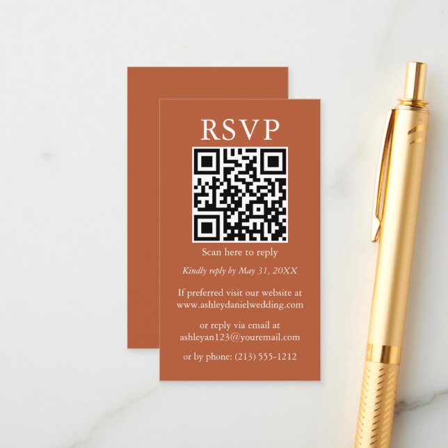 Wedding Minimalist Simple QR RSVP Terracotta Enclosure Card (Front/Back In Situ)
