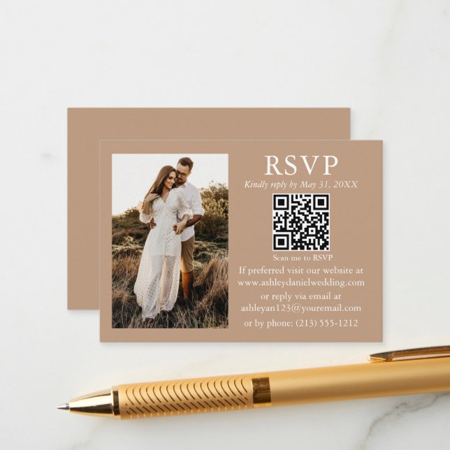 Wedding Minimalist Simple Taupe QR Photo RSVP Enclosure Card (Front/Back In Situ)
