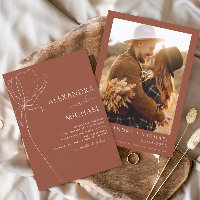 Wedding Minimalist Terracotta Photo Burnt Orange Invitation (Creator Uploaded)