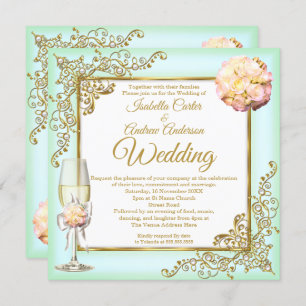Wedding Mint Coral Champagne Gold Pearl Photo  Invitation