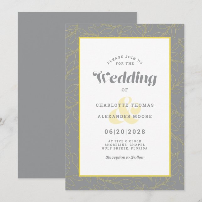 Wedding Modern Abstract Leaves Pattern Grey Yellow Invitation (Front/Back)