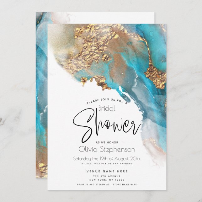 Wedding | Modern Abstract Teal Marbled Alcohol Ink Invitation (Front/Back)