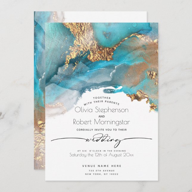 WEDDING  | Modern Aqua and Gold Marbled Ink Invita Invitation (Front/Back)