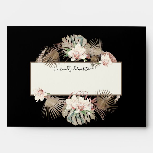 Wedding Modern Black Watercolor Tropical Floral Envelope (Front)