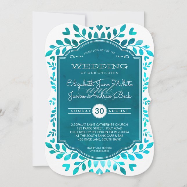 WEDDING modern botanical aqua teal blue watercolor Invitation (Front)