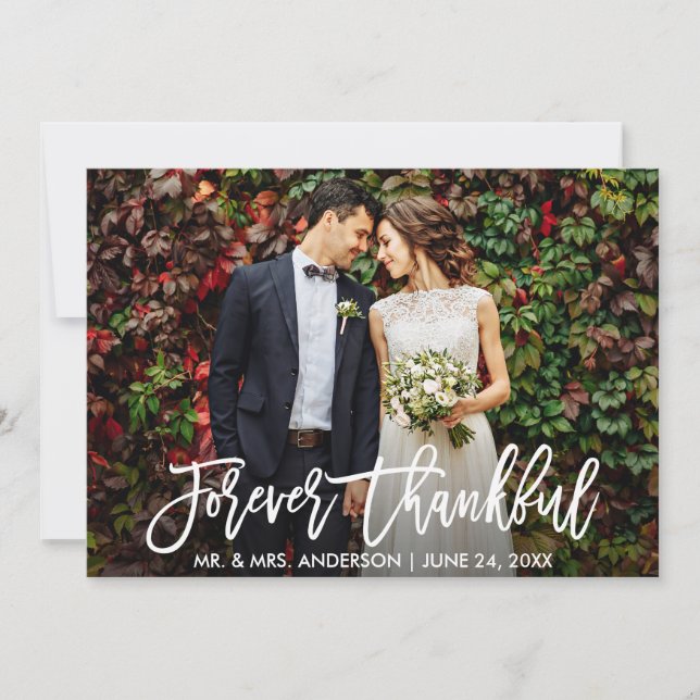Wedding Modern Brush Script Forever Thankful Photo Thank You Card (Front)